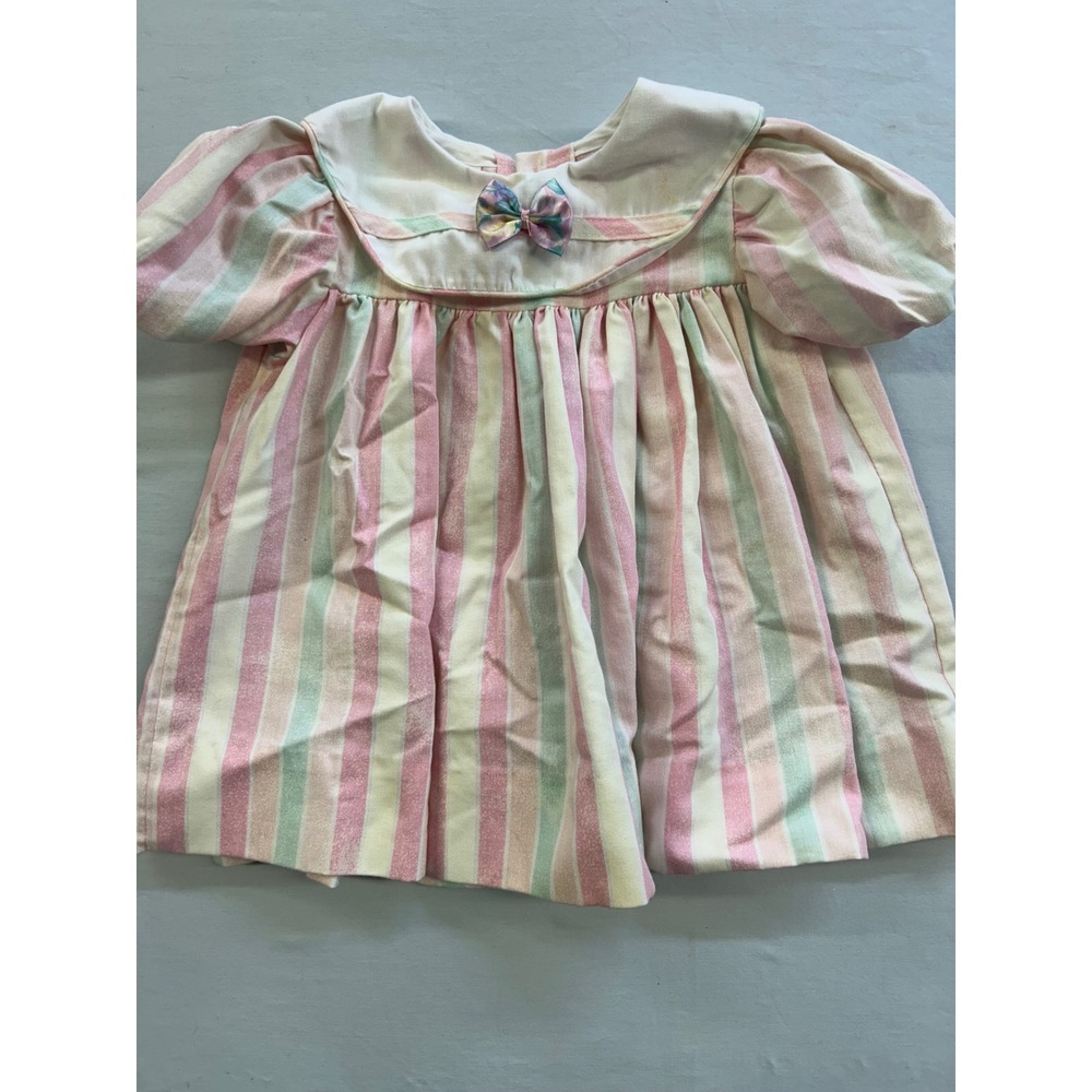 Vintage Polly Flinders Baby Girl Pastel Striped Dress 18 Months Puff Sleeve